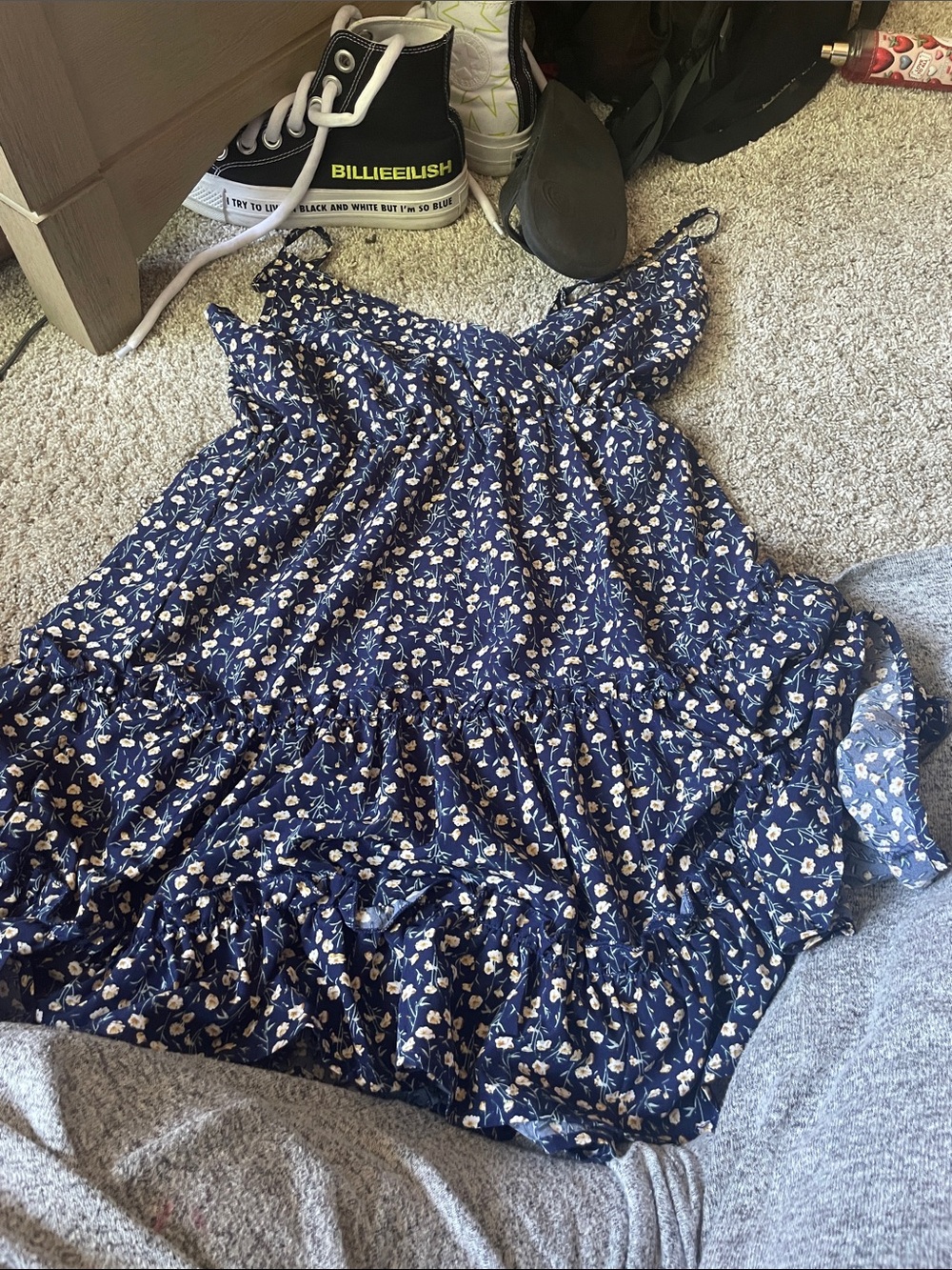 SHEIN Navy Floral Ruffle Sundress with Adjustable Straps